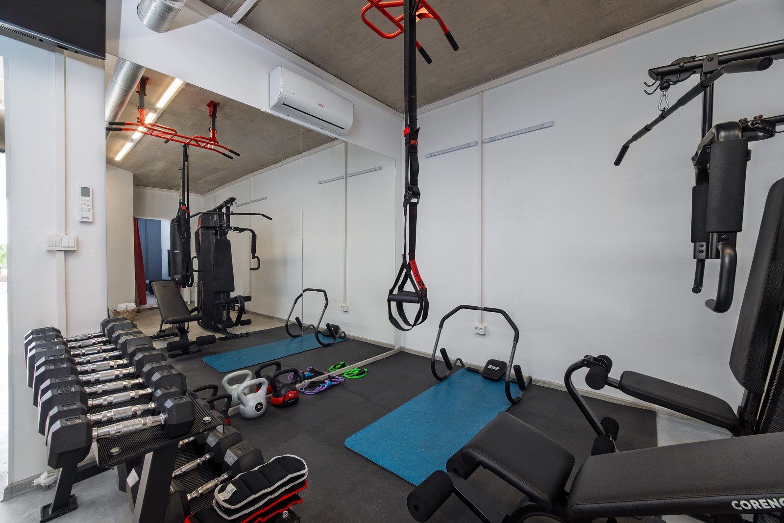 Mirrored private gym with dumbbells, kettlebells, exercise mats, suspension straps and a weight machine.